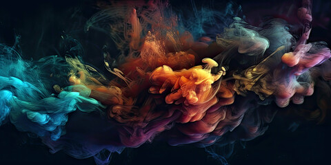 abstract neon colorful smoke cloud texture, dark black background (created with Generative AI)