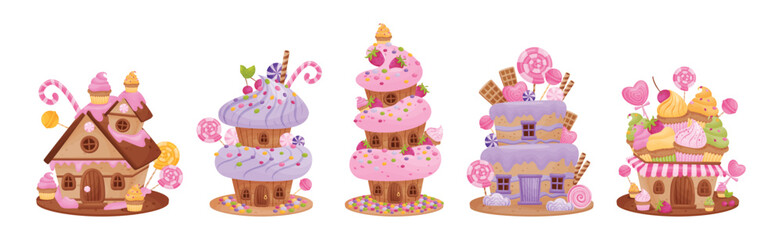 Sweet Candy House Made of Cookie Dough as Shaped Baked Confectionery Vector Set