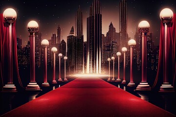 a glamorous red carpet with a sparkling backdrop of city lights and skyscrapers., created with generative ai