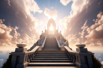 Stairway to heaven in glory, gates of Paradise. AI generated