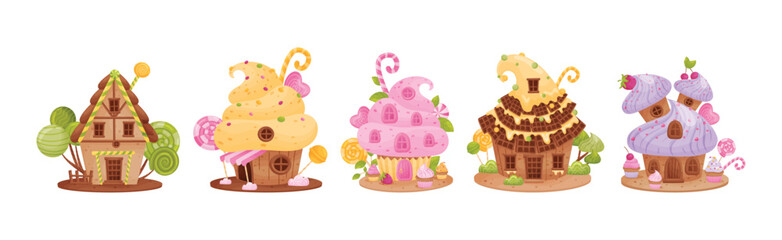 Sweet Candy House Made of Cookie Dough as Shaped Baked Confectionery Vector Set