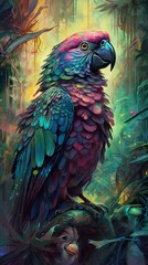 Obraz premium Vibrant and detailed watercolor illustration of an Ara parrot perched in a lush jungle setting. Created with AI generative technology for a unique and stunning artwork.