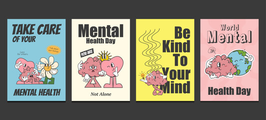 mental health day posters, retro posters, vector illustration