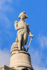 Statue of Nelson on top of Nelson's Column in Trafalgar Square, London, UK
