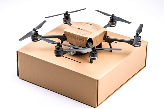 Cute little drone on top of cardboard packaging box on white background, AI generative illustration