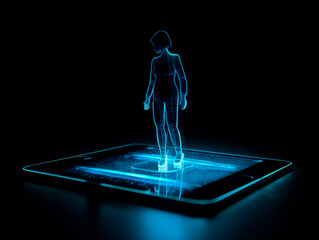 holographic blue person hovers over a display 