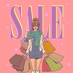 A fashionable girl with multiple bags returns from a sale. Advertising announcement of upcoming promotions.