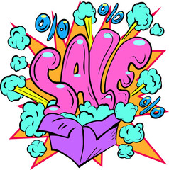 The inscription sale with special effects explodes from the purple box. Announcement of explosive promotions, offers, discounts.