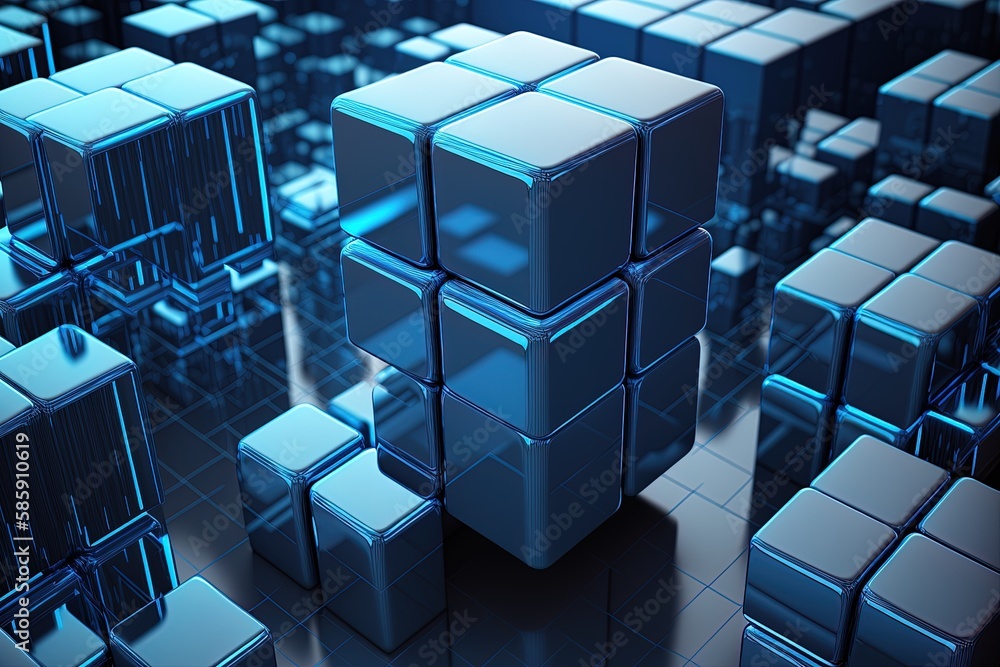 Poster glossy cubes that have been neatly arranged. a blue, high-tech, futuristic backdrop. generative ai