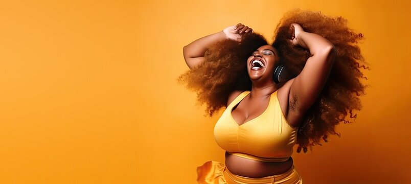 Full Figured African American Woman Woman Singing with Headphones on a Yellow Background with Space for Copy (Generative AI)