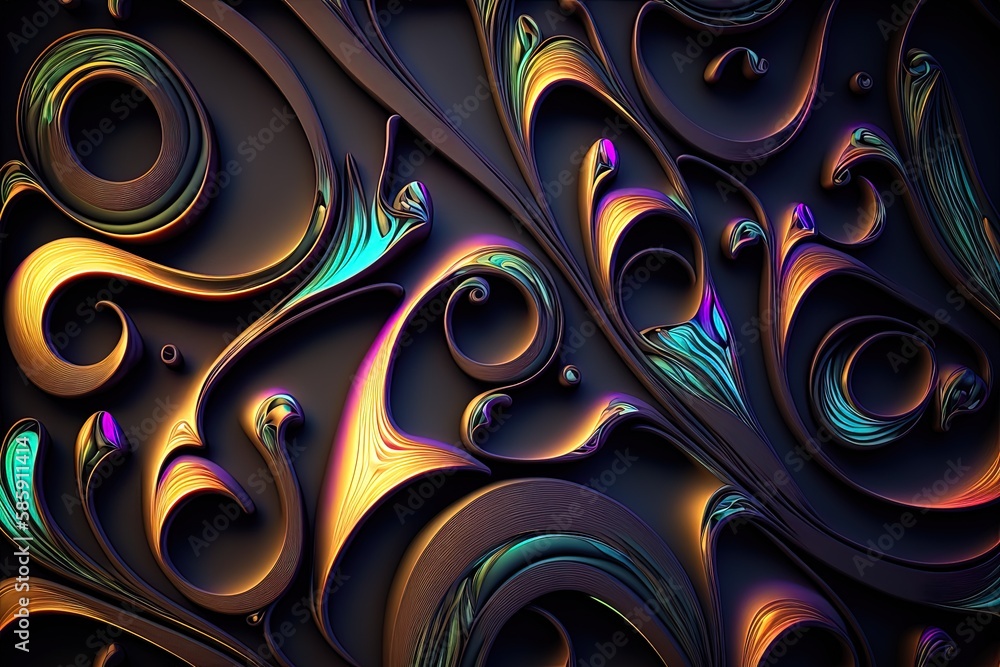 Poster undulating and wavy surface texture. inky wallpaper with flashes of neon. generative ai