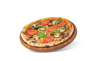 Pizza margherita with tomatoes and mushrooms on a white isolated background