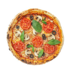 Pizza margherita with tomatoes and mushrooms on a white isolated background