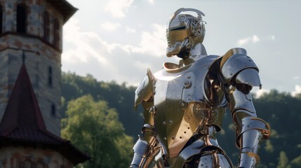 Fototapeta na wymiar robot in armor on the background of the castle.