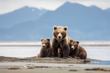 Obraz premium a mother grizzly bear with her cubs. Generative AI