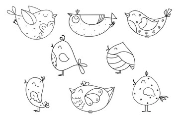 Set of cute hand drawn fantastic birds. Fun design. Vector line illustration. Collection of whimsical characters for packaging, print, card, fabric, label, wallpaper, textile, wrapping paper, gift.