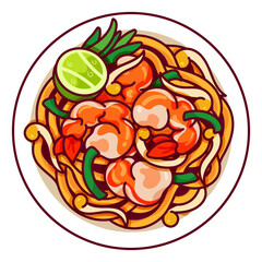 Pad thai noodles recipe illustration vector. Asian pad thai noodles food icon top view. Padthai dried with shrimp or prawn top view cartoon. Thai food menu icon top view vector.