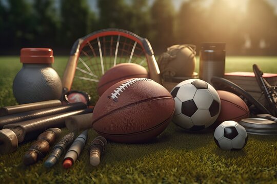 Various Sport Equipments On Grass. AI generated