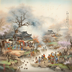 Qingming Festival The feeling of spring. Japon. Generative Ai