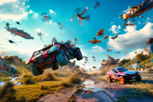 Flying cars zoom through the sky, leaving colorful trails in their wake