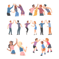 People Characters Giving High Five Gesture with Hand Vector Set
