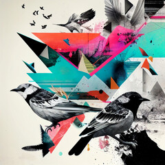 Abstract wallpaper with birds collage style with color elements, psychology, depression, stress illustration. Generative AI - 585913660
