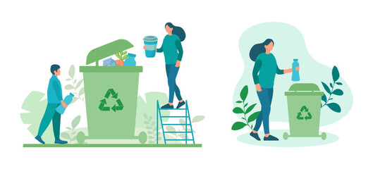 Set of sustainable lifestyle. People reducing food waste and throwing away . Zero waste concept	