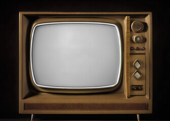 Illustration of a beautiful elegant television set, analog retro vintage household appliance with side buttons and knobs, empty gray screen. Generative AI.
