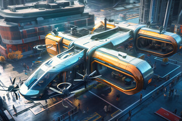 Self-piloted air taxis shuttle passengers to their destinations, offering stunning aerial views