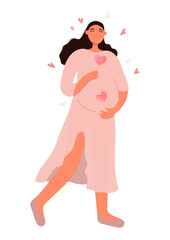 Happy pregnant woman expecting for baby. Beautiful smiling female character with two beating hearts. Pregnancy and motherhood, love concept. Vector illustration