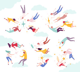 Fototapeta na wymiar Flying Man and Woman Floating in the Air and Cloud Fantasizing Vector Set