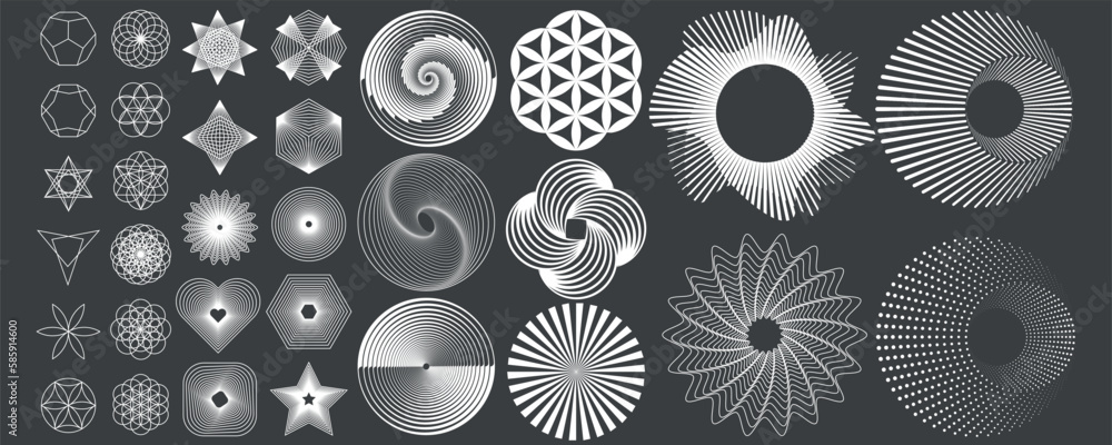 Wall mural a set of bright y2k retro elements in white on a black background in the form of geometric shapes. h