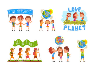 Little Children Loving Planet Taking Care of Earth and Environment Vector Set