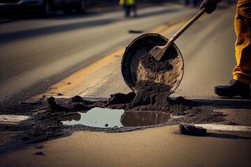 person, fixing pothole on busy road, with tools and materials visible, created with generative ai