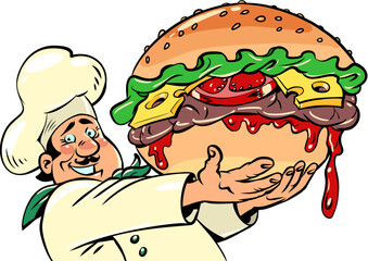 chef with a huge burger, fast food street restaurant. Delicious cheeseburger
