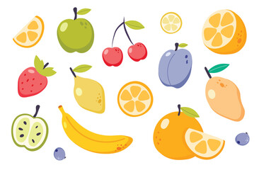 Summer fruit collection. Set of fresh tropical and garden fruits, organic biological vegan food. Cute cartoon vector illustration isolated on a white background