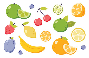 Summer fruit collection. Set of fresh tropical and garden fruits, organic biological vegan food. Cute cartoon vector illustration isolated on a white background