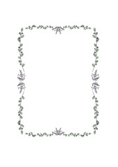 Beautiful Watercolor Floral Frame. Perfect for printable or wedding stationary, greetings, banners. Botanical Framed eucalyptus leaves with lavender. Elegant and minimalist PNG. Isolated background