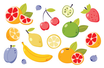 Summer fruit collection. Set of fresh tropical and garden fruits, organic biological vegan food. Cute cartoon vector illustration isolated on a white background