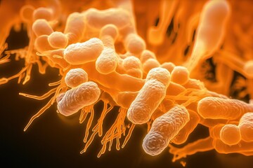 Obraz premium Biofilm of antibiotic resistant bacteria, closeup view. Rod-shaped and spherical bacteria. Generative AI