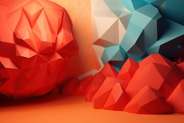  a group of red, blue and orange polygonal shapes next to each other on an orange background with a red and blue one in the middle.  generative ai