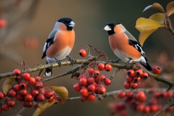  two birds sitting on a branch with berries on it's branches and one bird is looking at the other bird in the distance with a blurry background.  generative ai