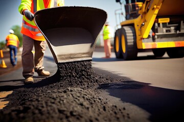 close-up of pothole being filled with hot mix asphalt by road repair crew, created with generative ai - obrazy, fototapety, plakaty