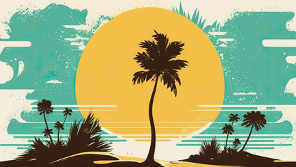 Tropical island paradise.Vintage poster background with palms and sea waves. Generative AI