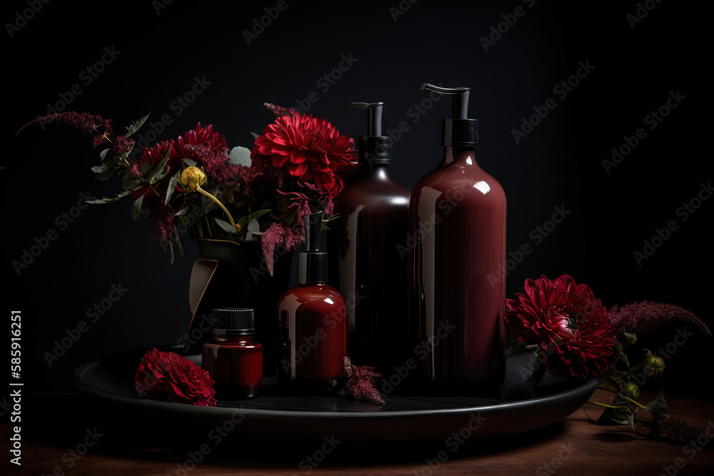 Poster a table topped with bottles and flowers on top of a wooden table next to a vase filled with red flow