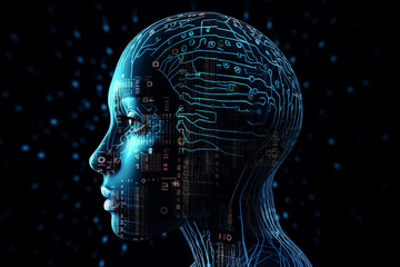 Obraz premium Artificial intelligence concept, a digital humanoid android robot face. AI technology, Chat GPT, chat bot. Digital brain deep learning to process big data and cyber security. Generative AI