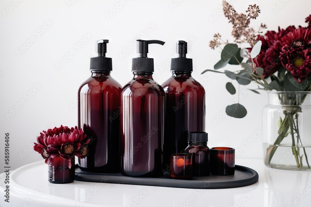 Poster a bunch of bottles of liquid sitting on a table next to a vase with flowers and candles on it and a 