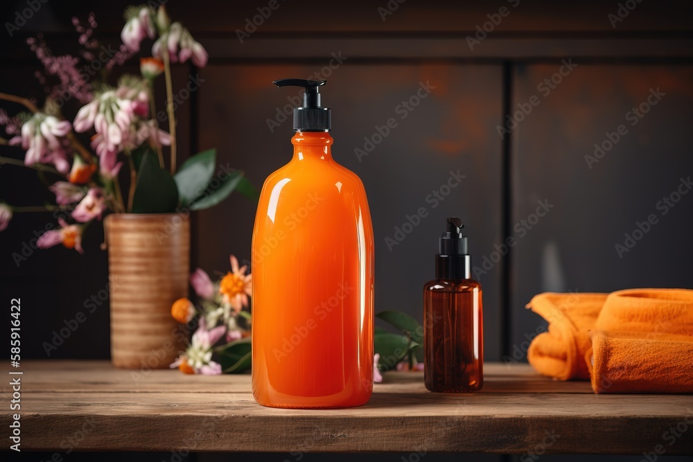 Poster a bottle of lotion next to a bottle of lotion on a table with a vase of flowers in the background an