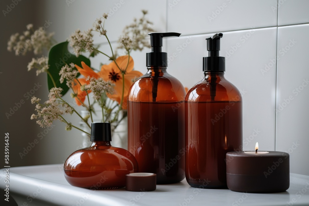 Poster a couple of brown bottles sitting on top of a table next to a vase with flowers in it and a candle o