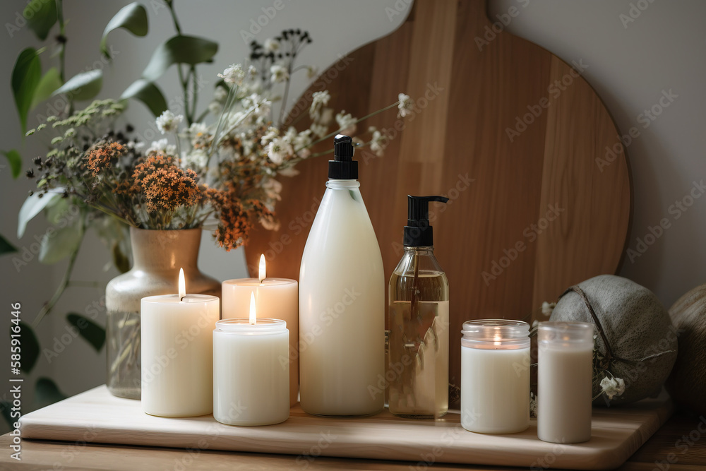Aufkleber a wooden table topped with candles and vases filled with flowers and candles next to a mirror and a 